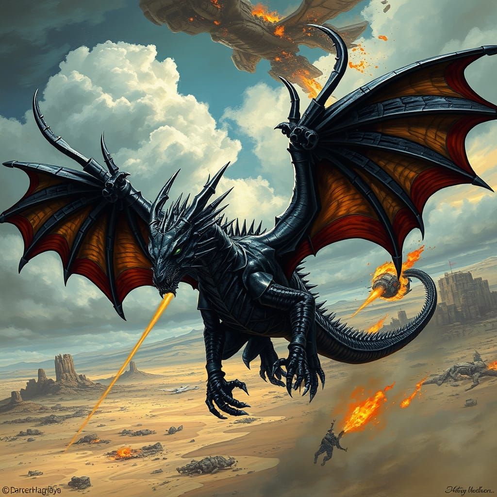 Gothic Metal Dragon Soaring Over Wasteland