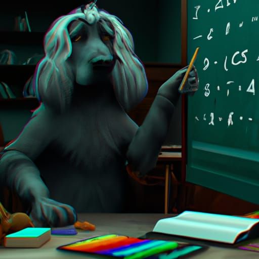 Black Cocker Spaniel Doing Math, Detailed Matte Painting