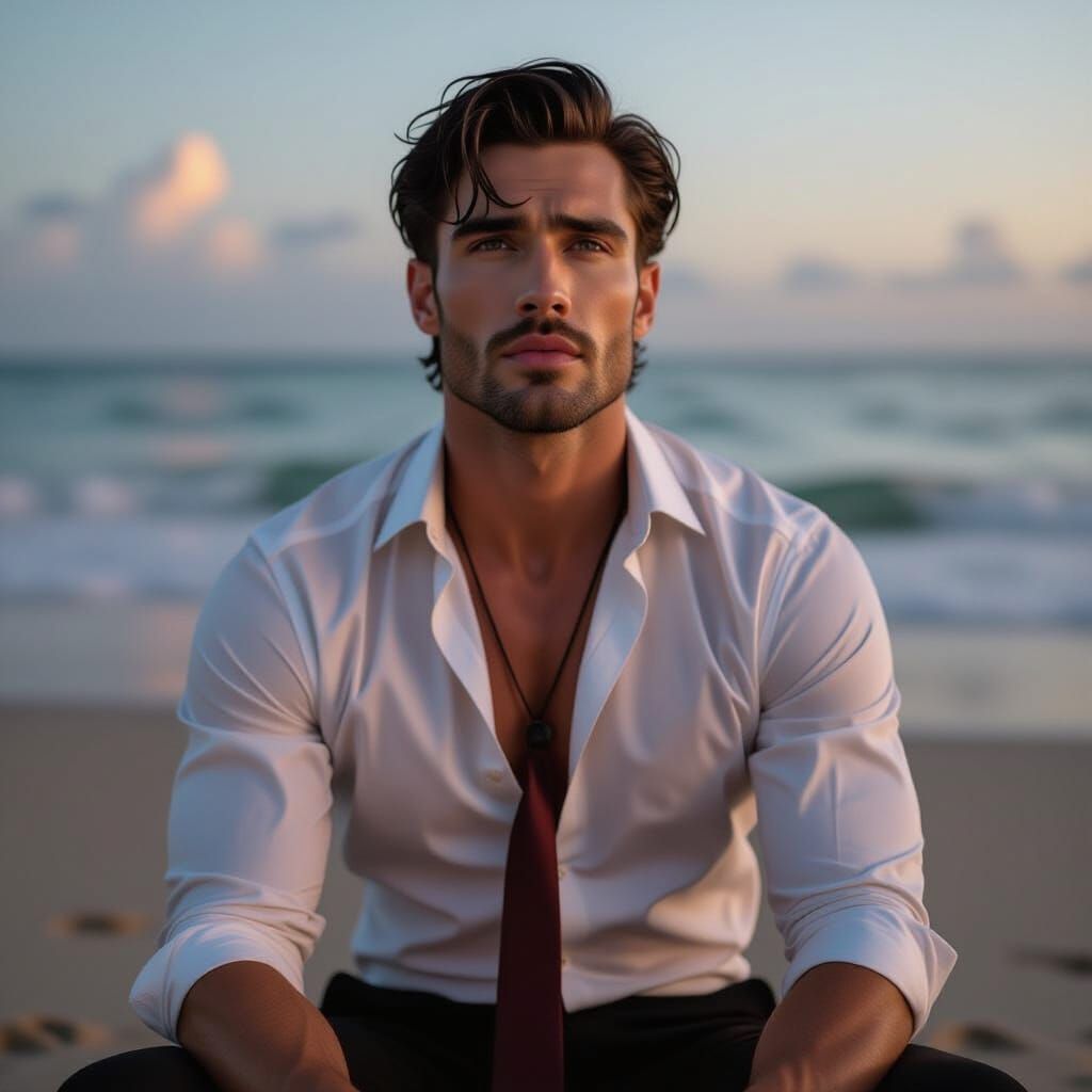 Handsome Vampire Man on Beach at Dusk
