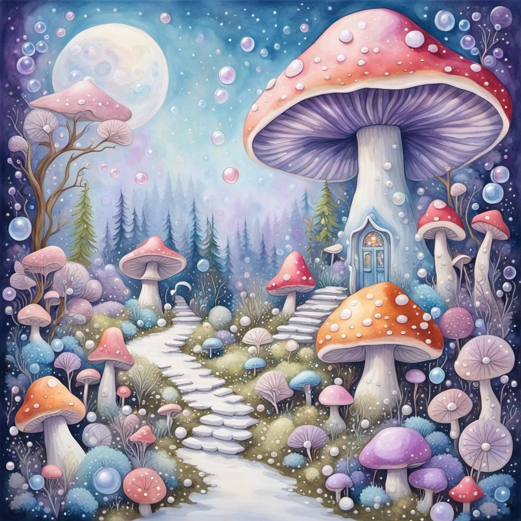 Enchanted Elven Garden with Snow and Mushrooms