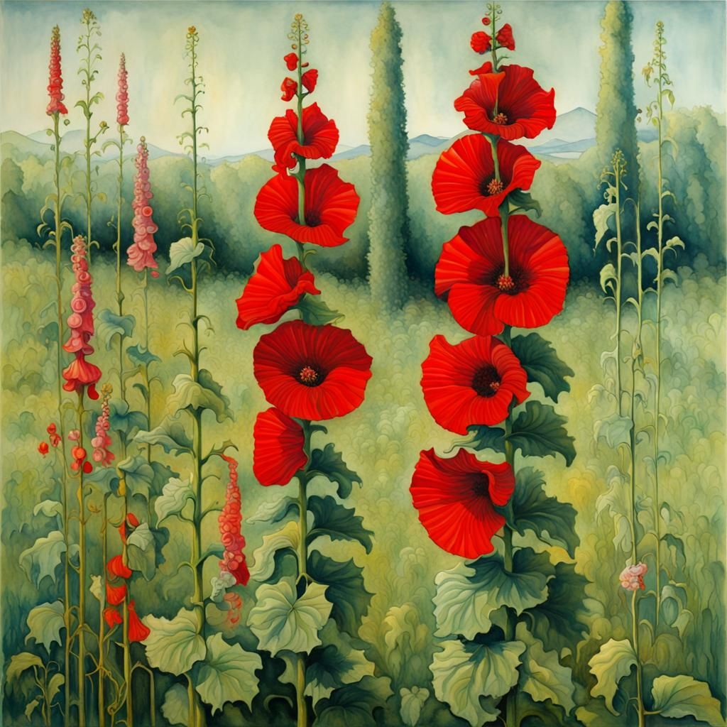 Surreal Hollyhocks in the Style of Klimt