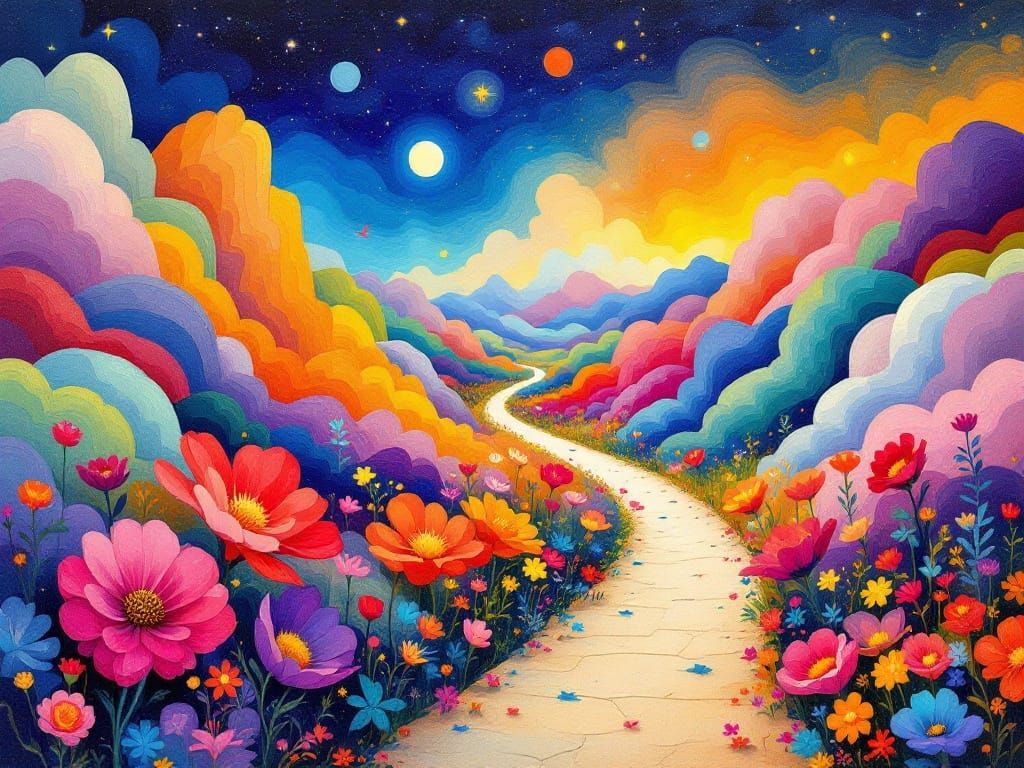 Whimsical Floral Pathways in Dreamlike Abstract Mountainscap...