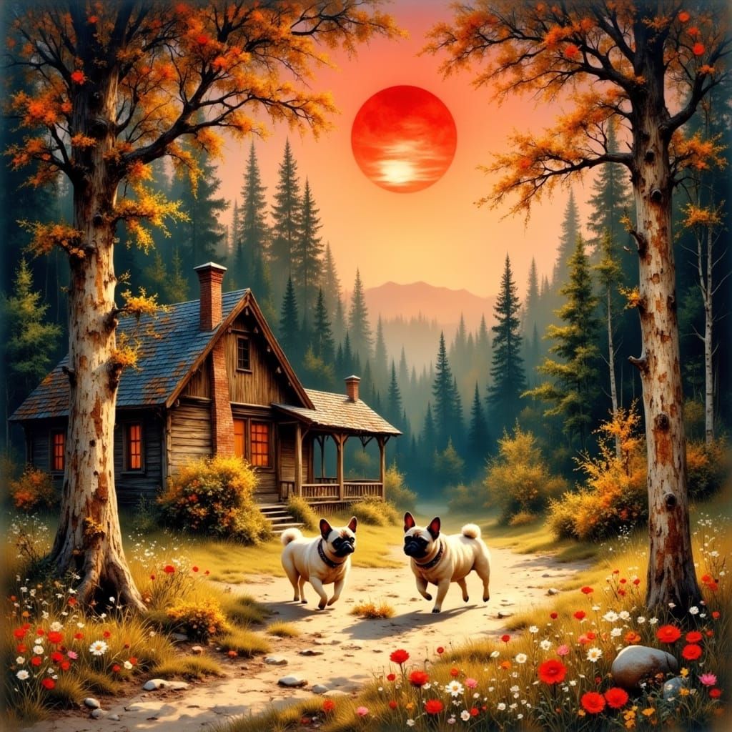 Pug Puppy Plays in Forest, Whimsical Illustration