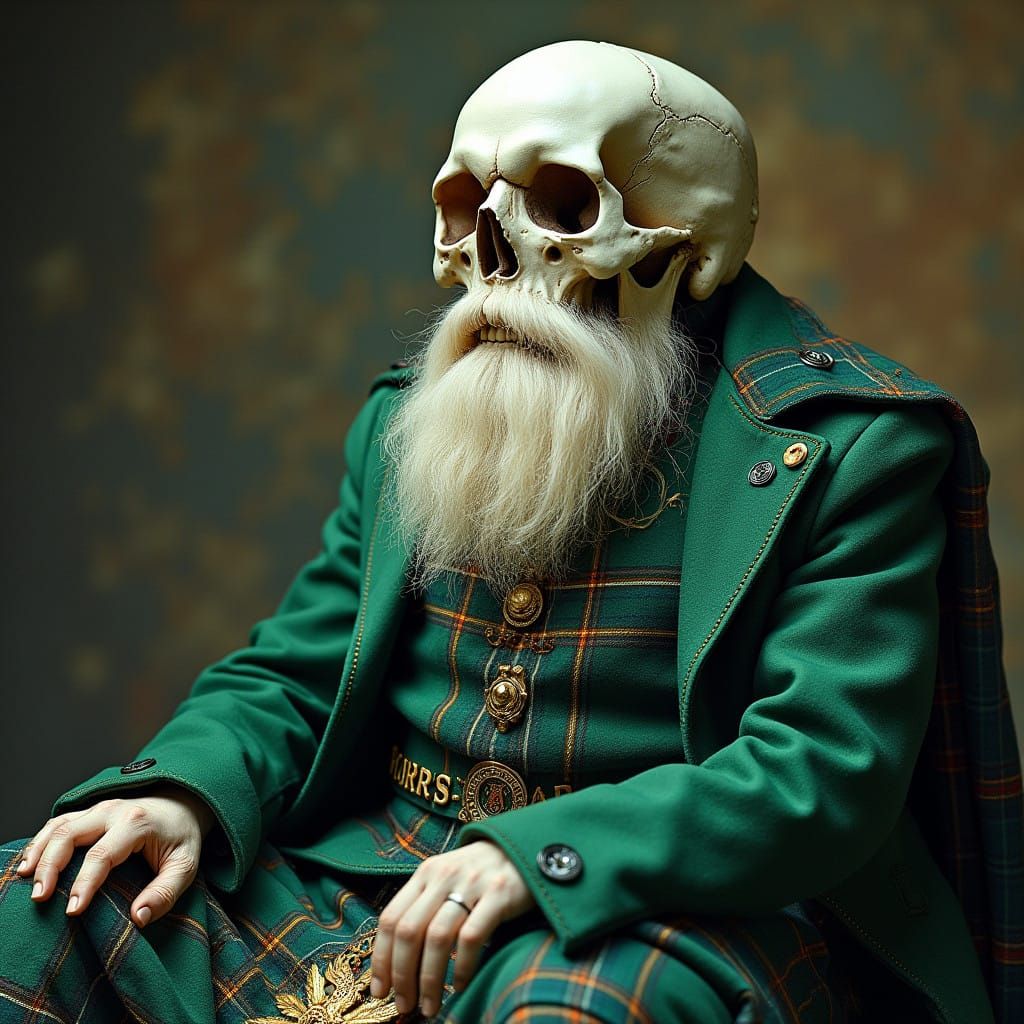 Regal White Skull in Emerald Tartan Kilt