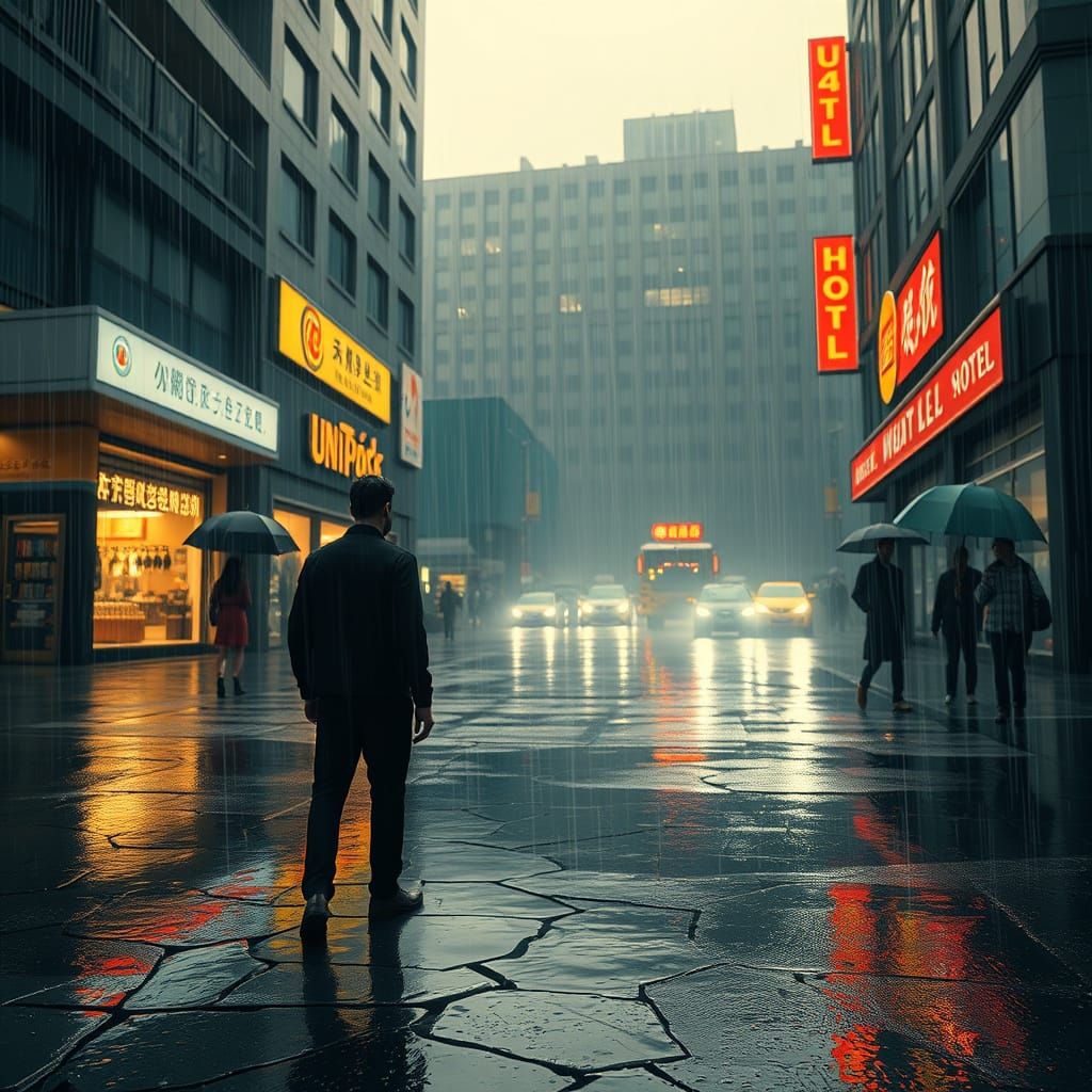 Surreal Scene of Rainy City Streets in High Contrast Lightin...