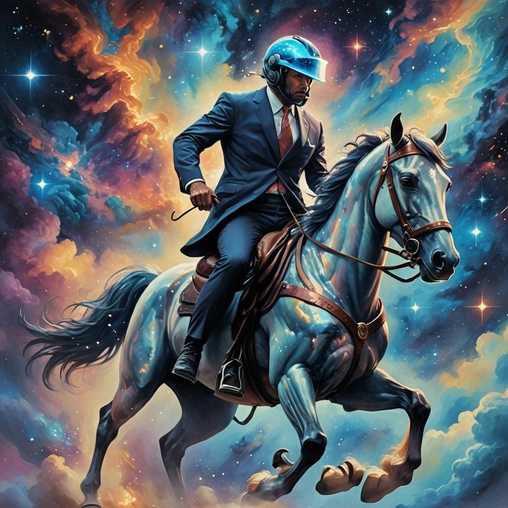 Man on Futuristic Horse Exploring Nebula in Oil Painting