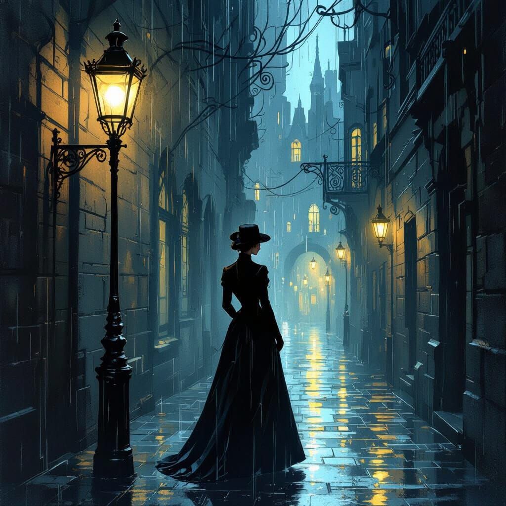Art Nouveau Detective in Moody Alleyway