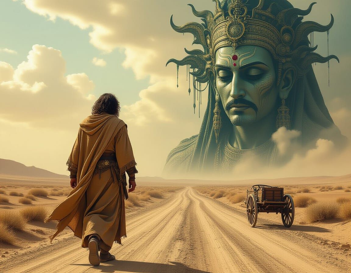 Wandering Traveler on Dusty Road, in Grotesque Surrealism