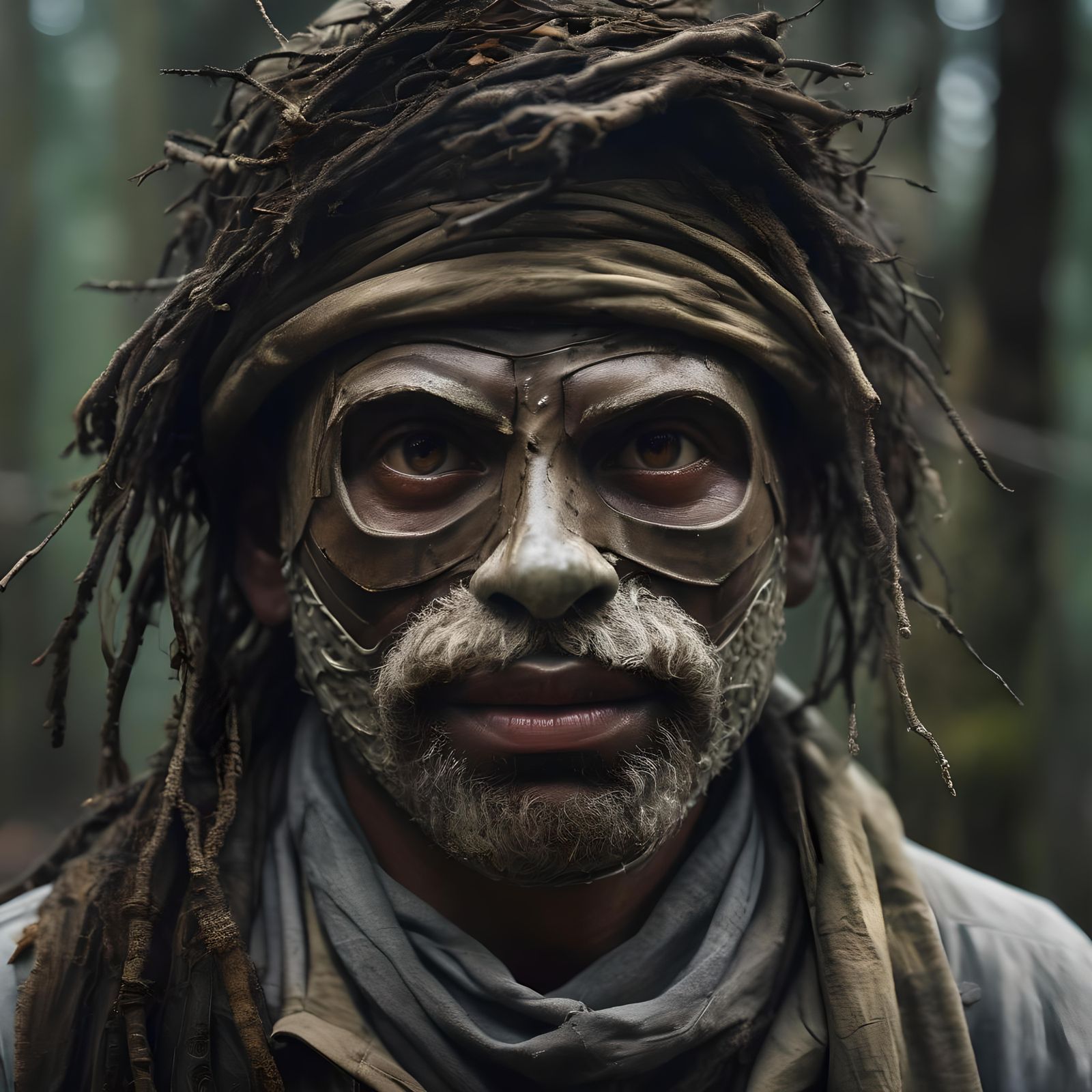 Masked Man Portrait in Forest, Ambient Light Style