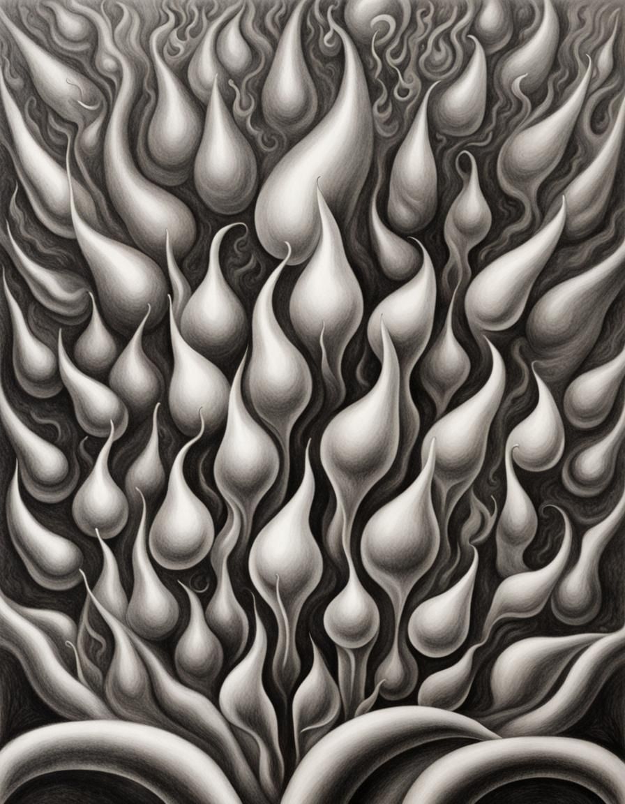Flames and Water Drops in M.C. Escher Style