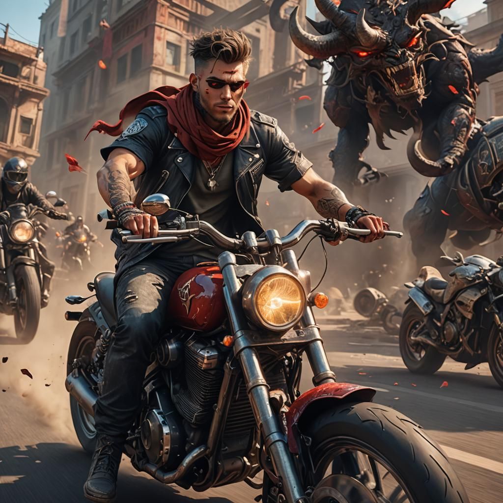 Motorcycle Rider with Devil, Detailed Digital Art