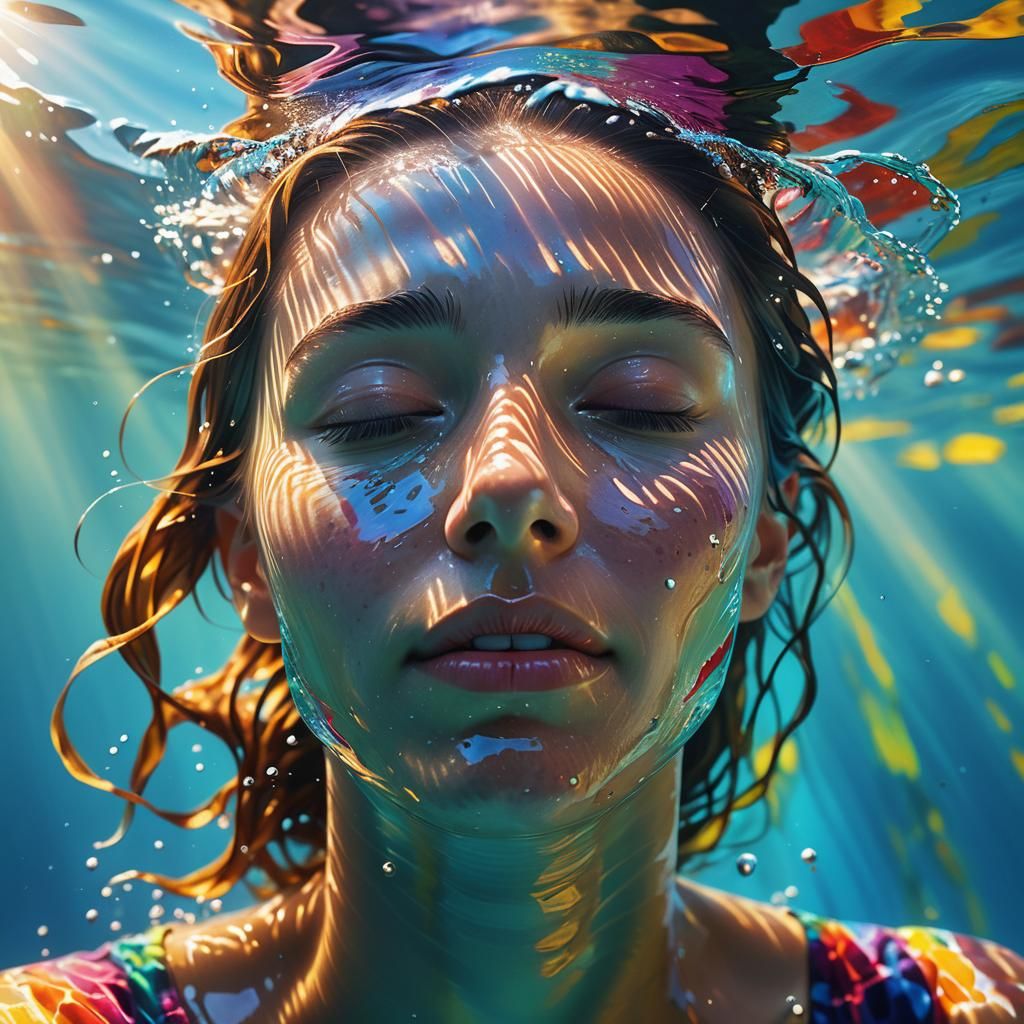 Surreal Submerged Goddess Illuminated by Solar Rays