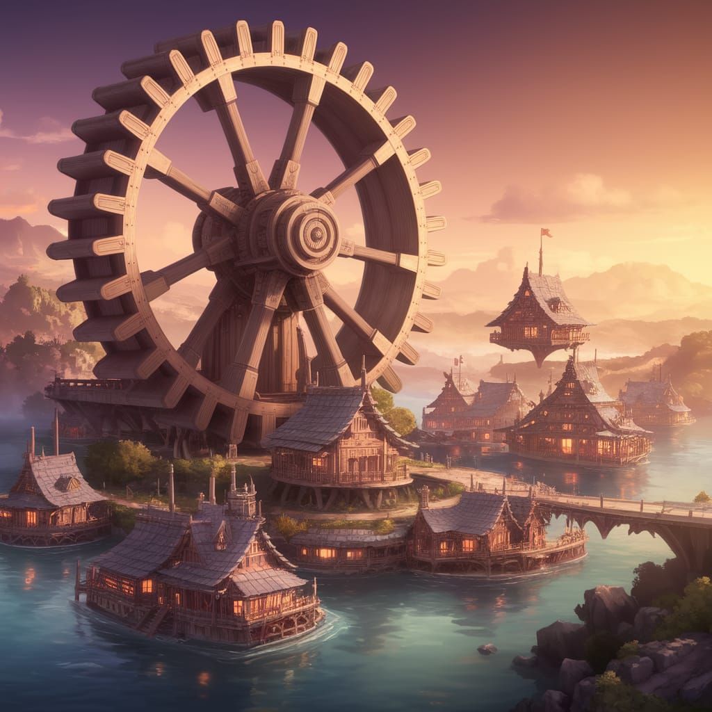 Fantasy Floating Village Powered by Majestic Waterwheel