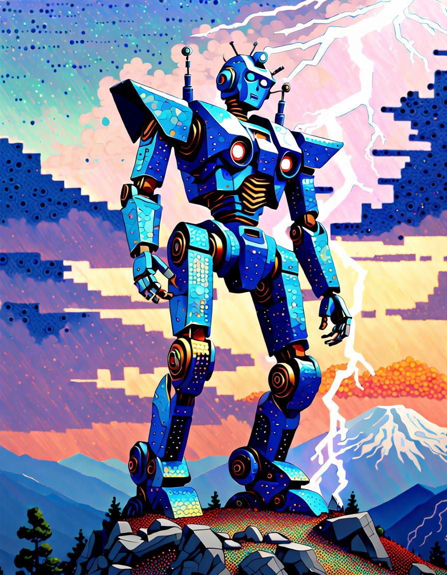Robot Zeus on Olympus in Pointillism Style