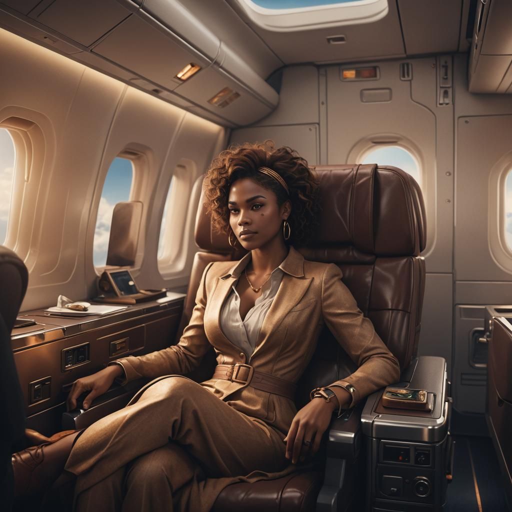 Woman Relaxing on Airplane in Detailed Matte Painting