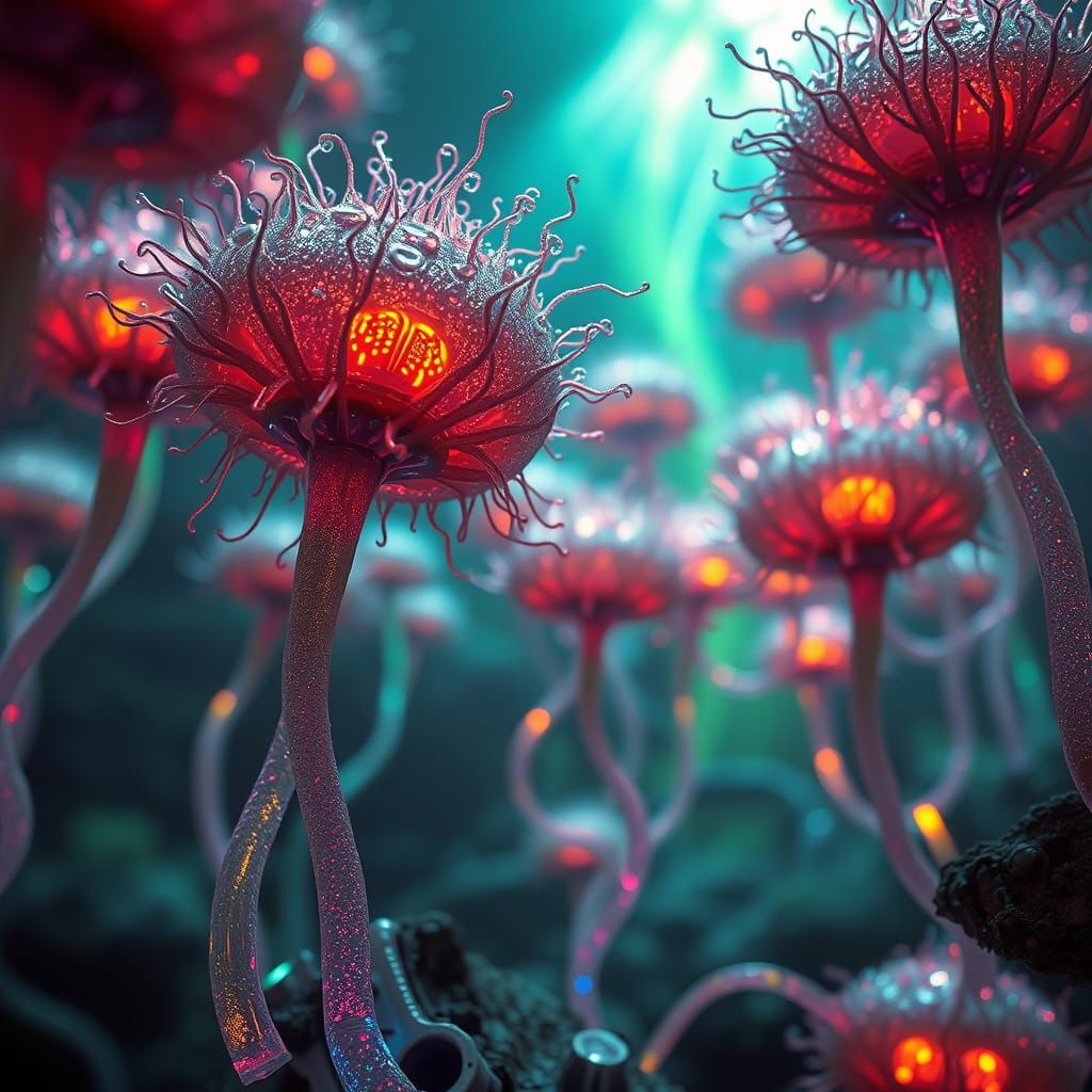 Iridescent Spores Bursting in a Neon Landscape