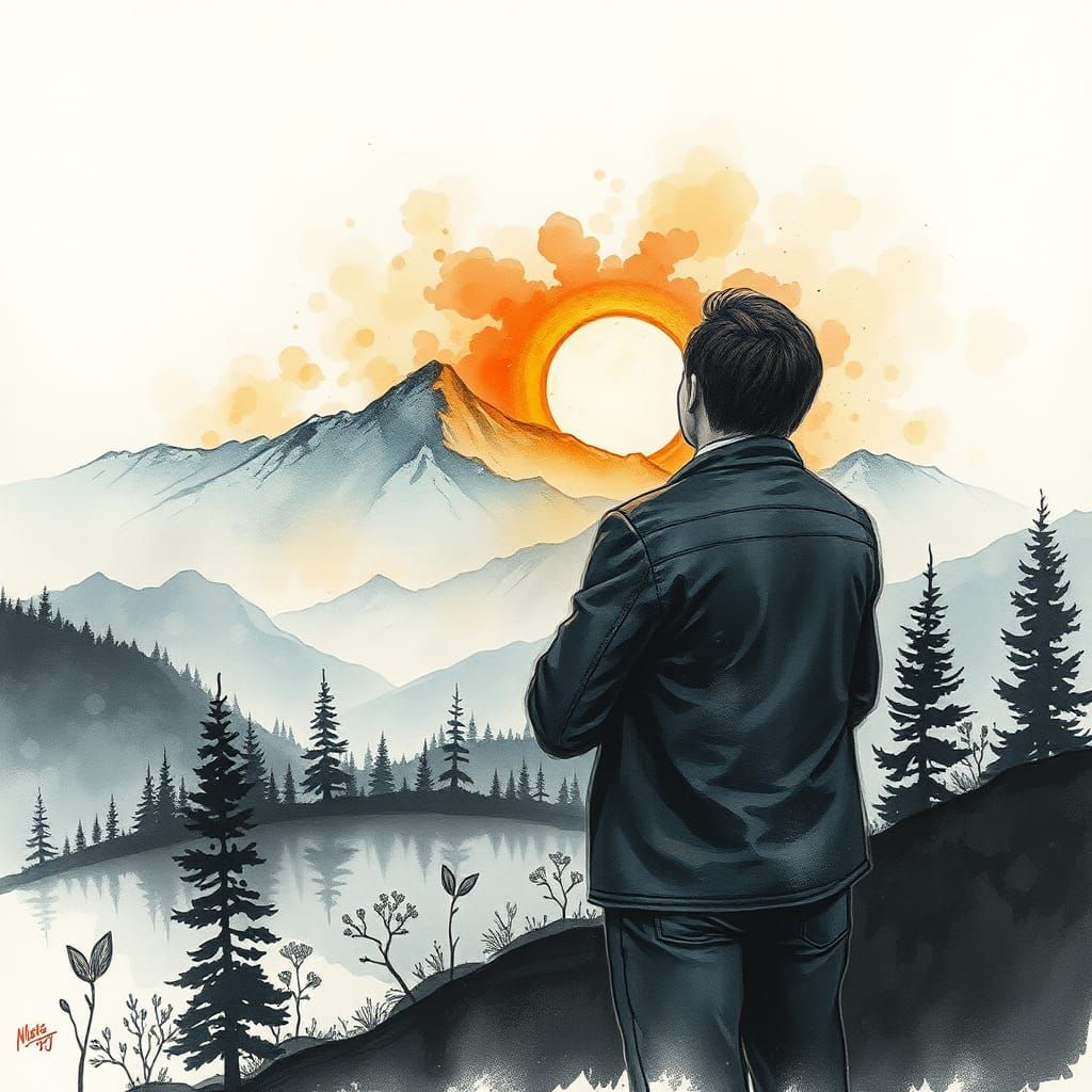 Magnetic Man Observes Watercolor and Ink Landscape