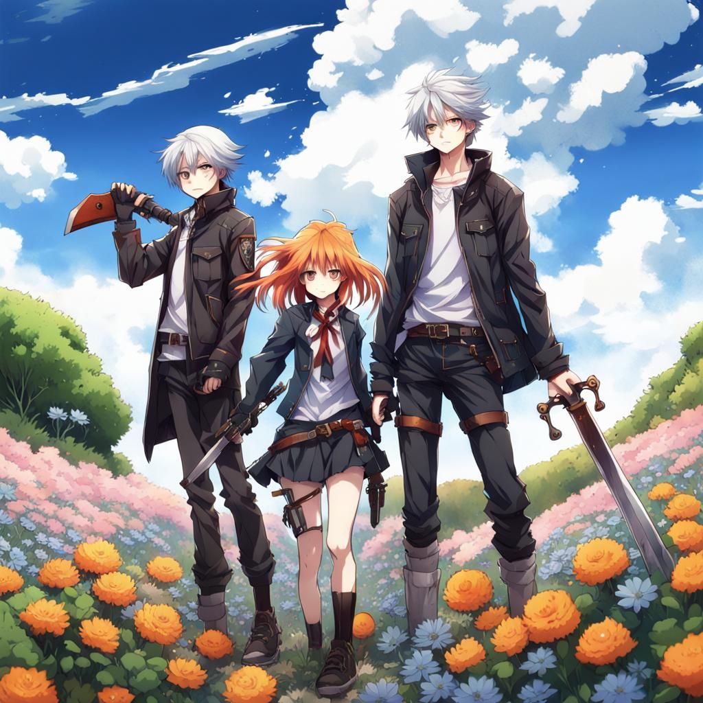 Anime Trio on a Hill with Flowers in Manga Style