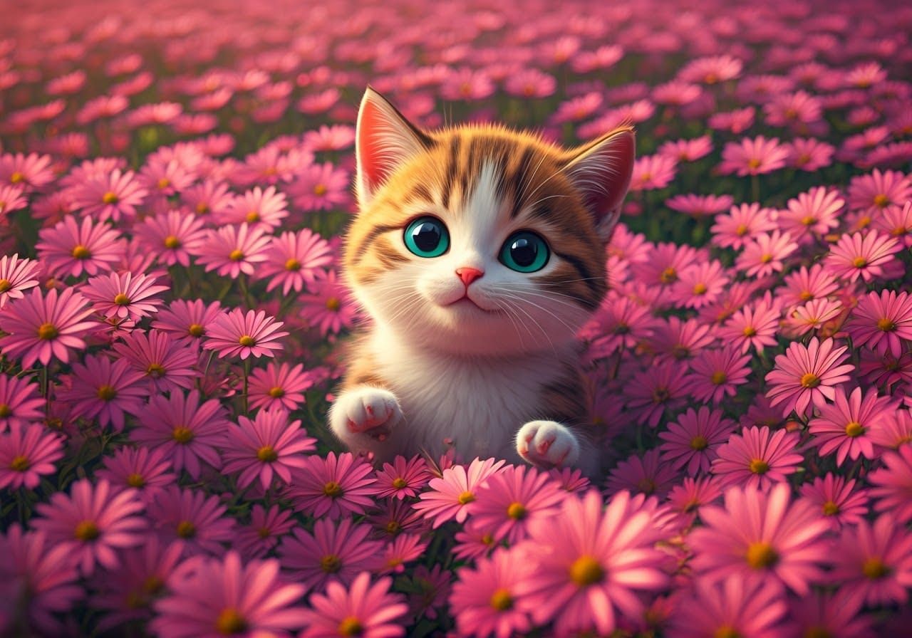 Cute Kitten in Pink Flower Garden: 3D CGI Rendering