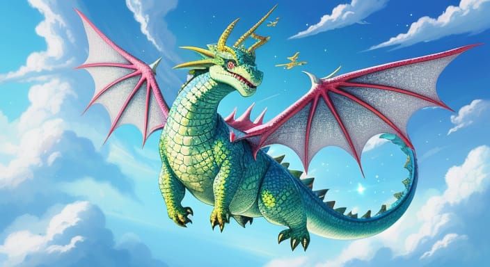 Cute Female Dragon Flying in Vibrant Sky