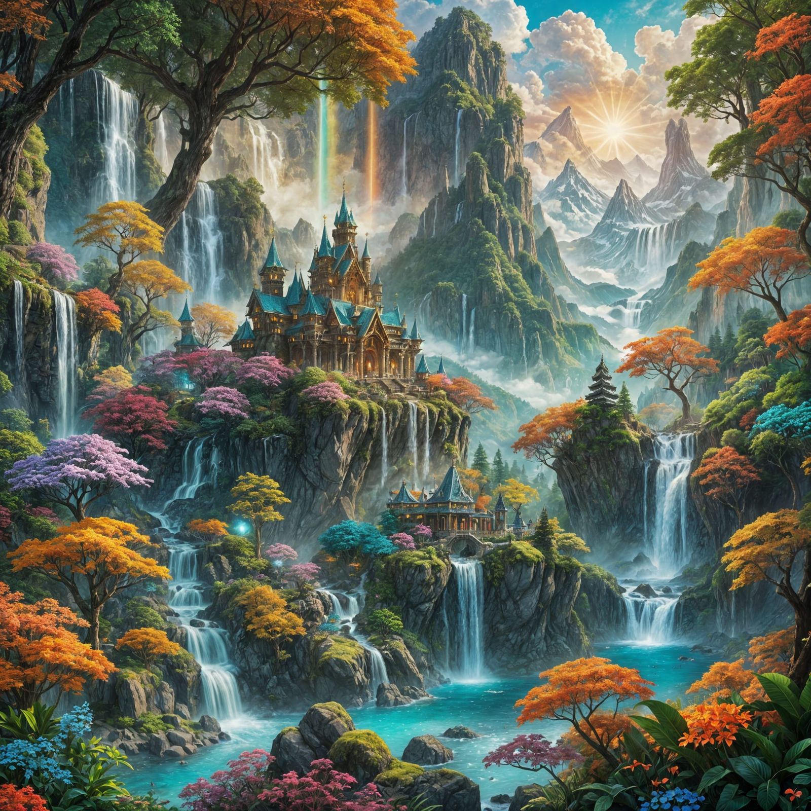 Bright, vibrant fantasy landscape, Lush, emerald-green fores...