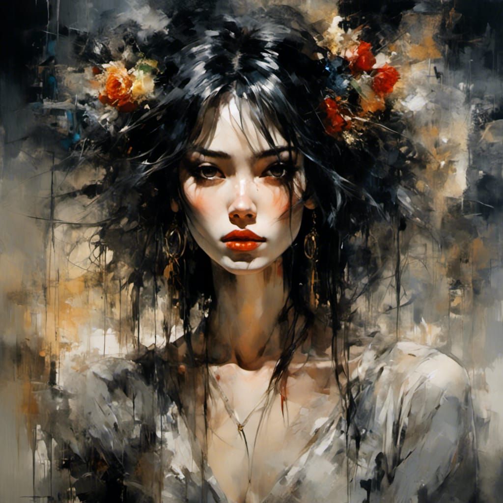 Captivating Franco-Japanese Woman Portrait in Mixed Media