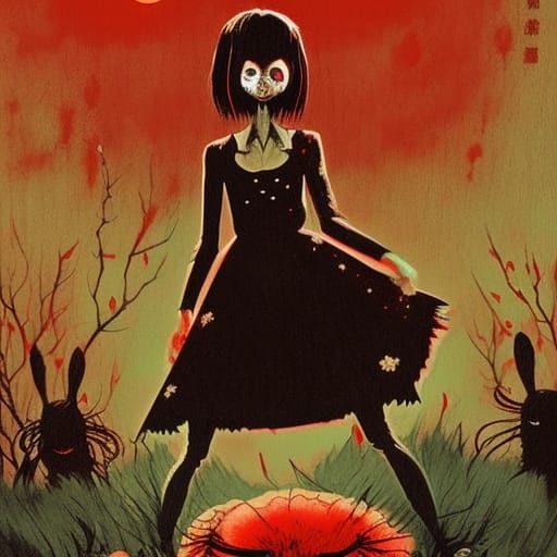 Scary Horror Girl With Music Box and Monsters