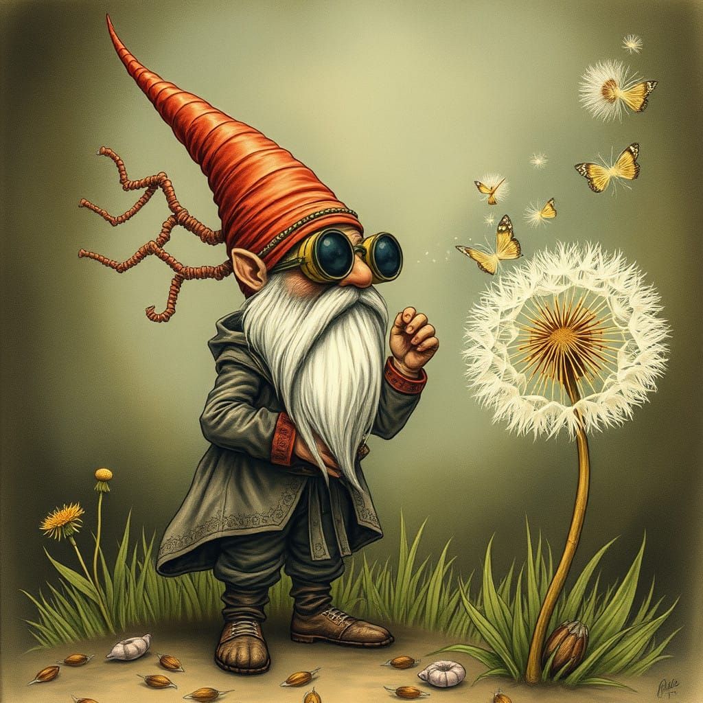 Surreal Gnome Blows Dandelion Seeds in a Whimsical Steampunk...