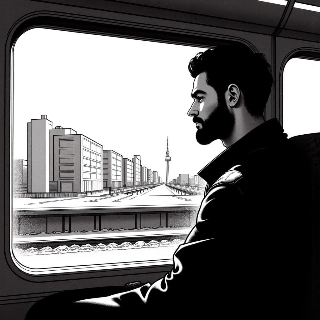 Contemplative Man on Train in Adrian Tomine Style