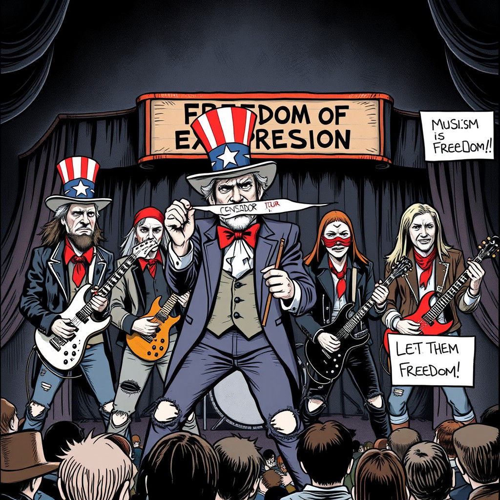 Uncle Sam Censoring Heavy Metal Band: Editorial Cartoon