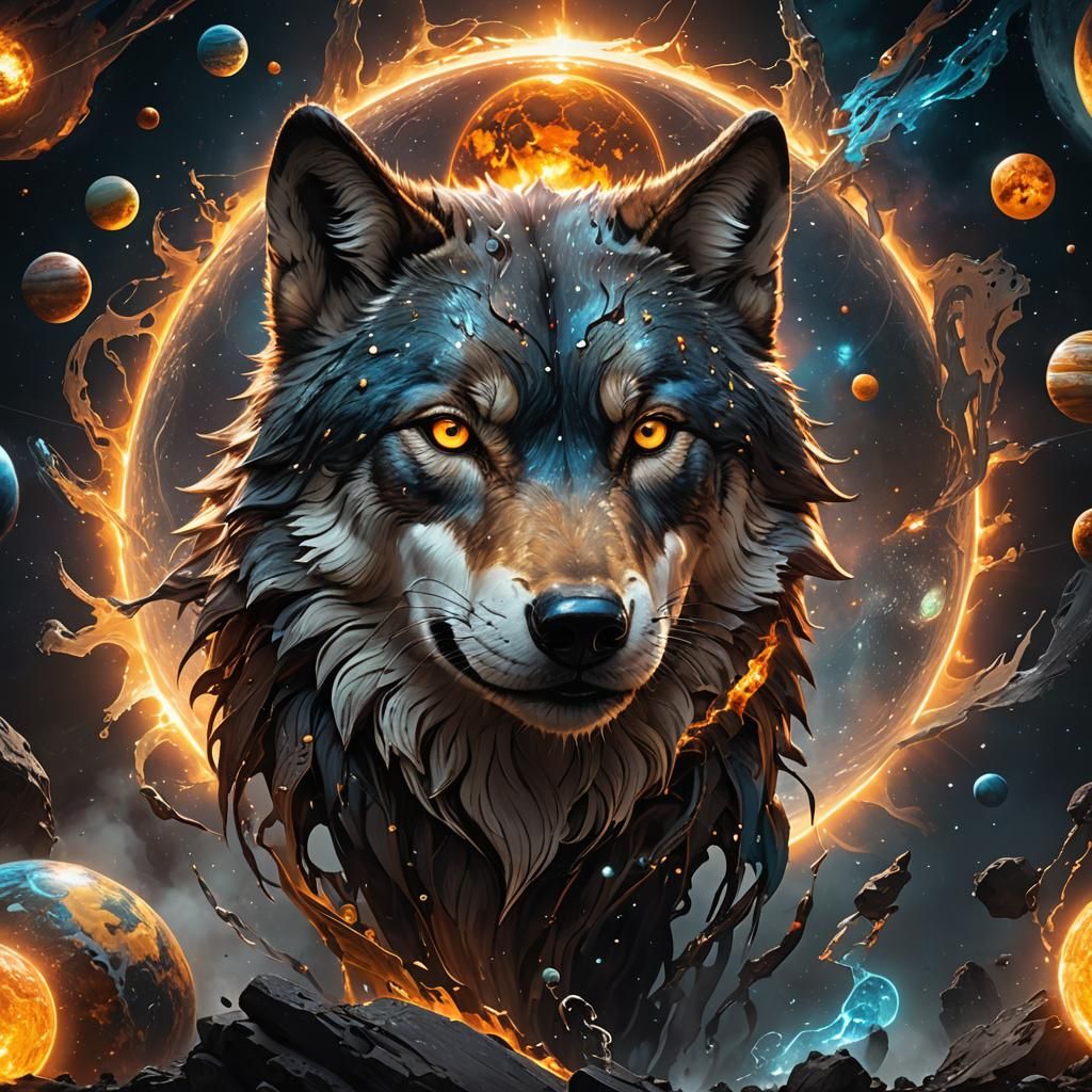 Wolf in Solar System: Hyperrealistic Concept Art