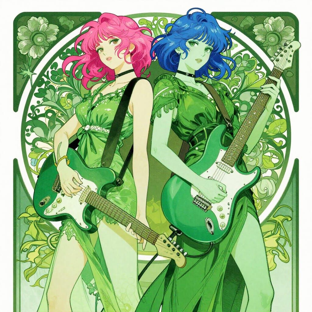 Art Nouveau Rocker Girls with Electric Guitars in Emerald Gr...