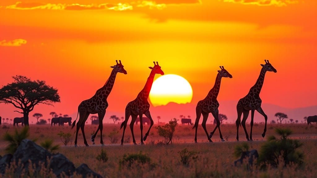 Giraffes in Elegant Sunset Stride, Impressionist Style