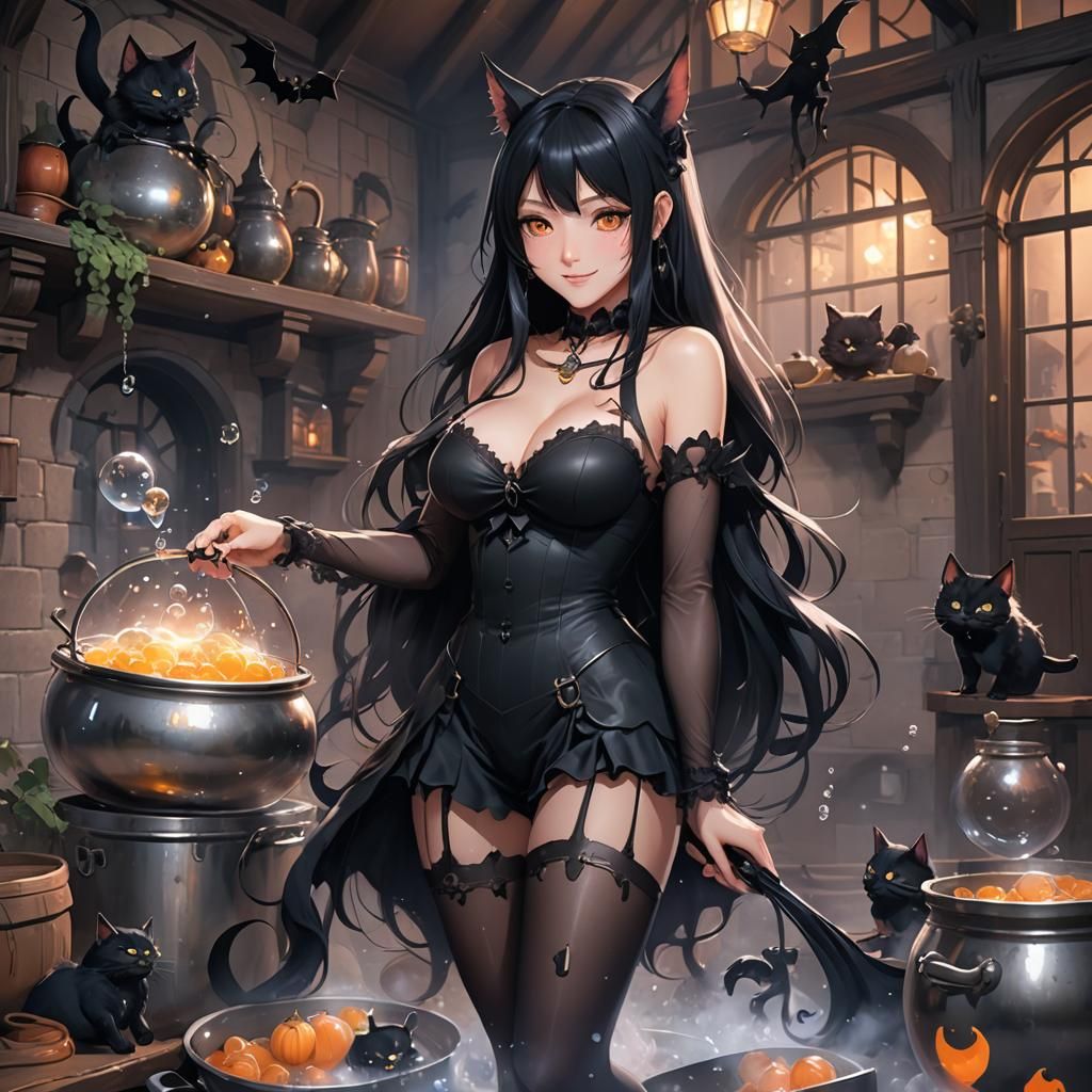Anime Witch with Black Cat in Haunted House