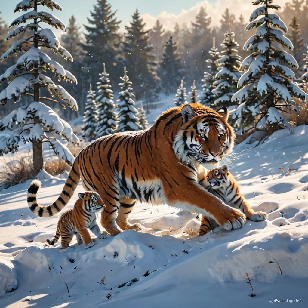 Tigers Play in Snowy Siberian Landscape