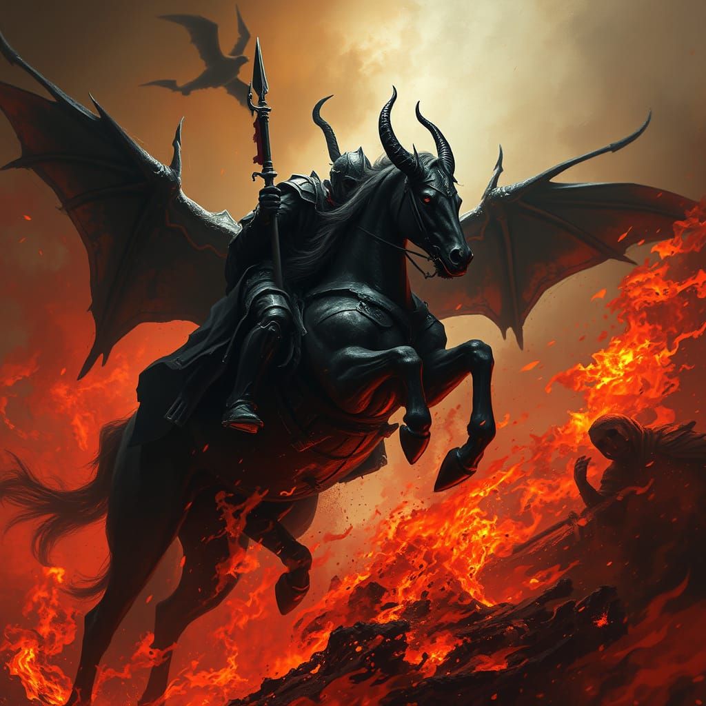 Demonic Knight on Horseback in Fiery Scene