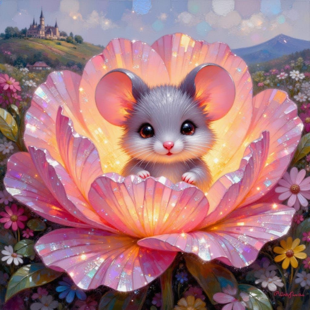 Cute Mouse in Glowing Flower Oil Painting