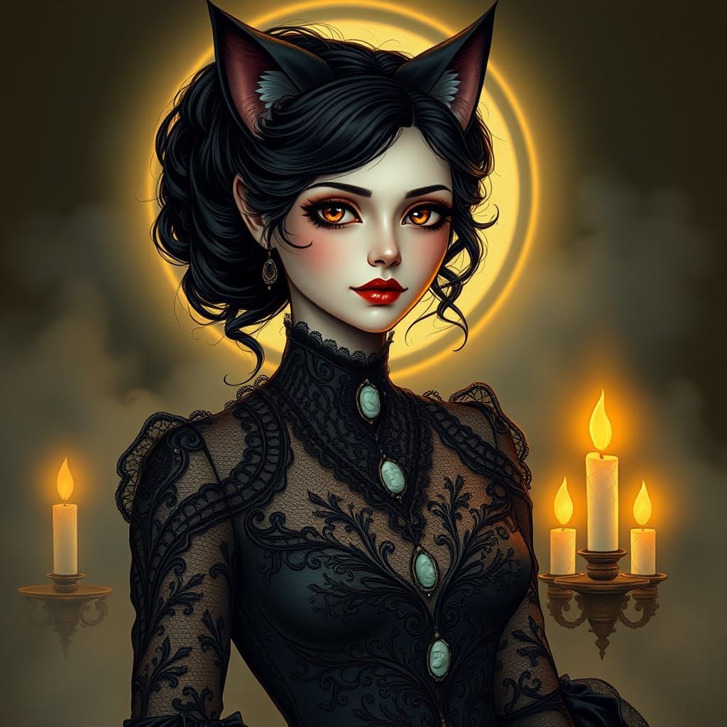 Adorable pretty Gothic Catwoman in black lace and silk Victo...
