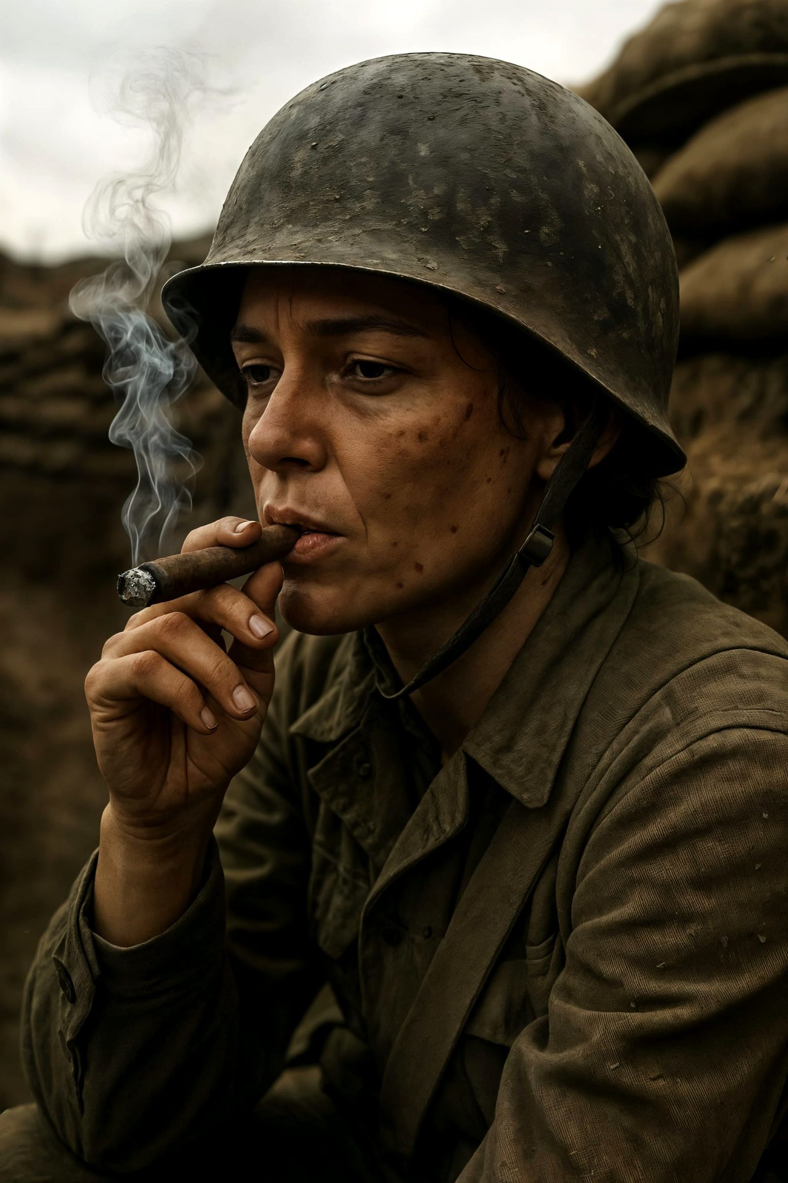 Female Soldier in Trench: Realistic War Portrait