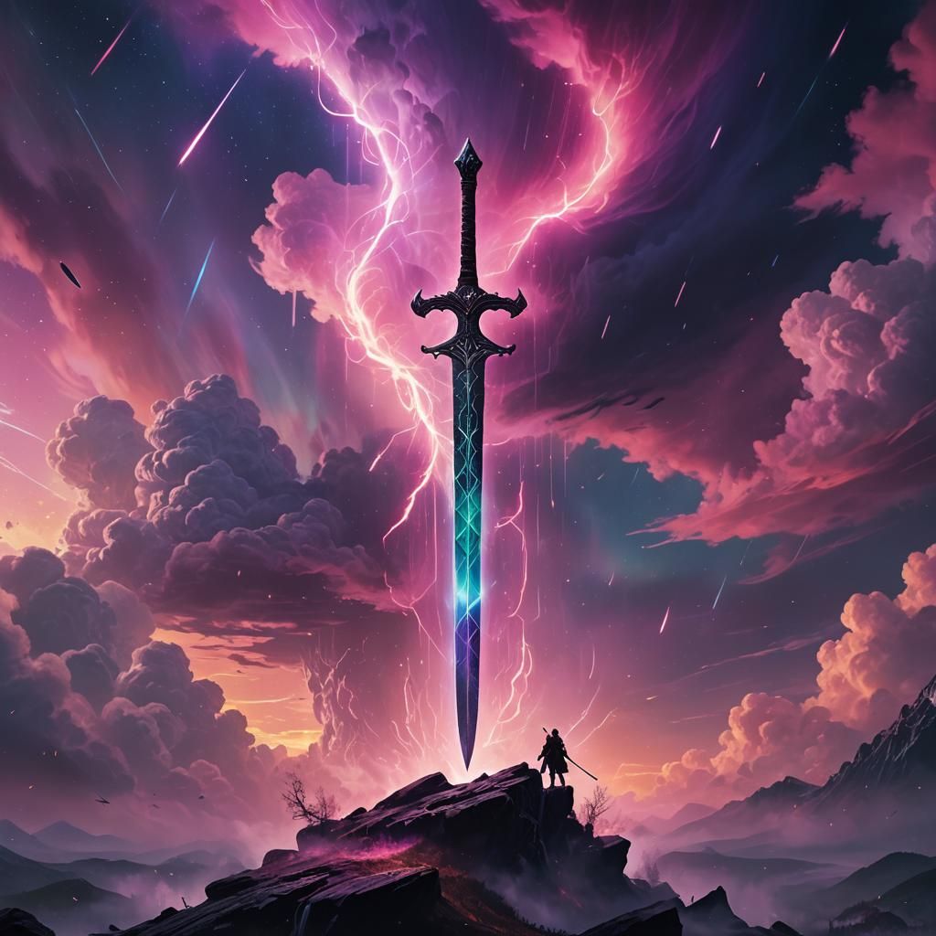 Glowing Sword Amidst Mystical Clouds