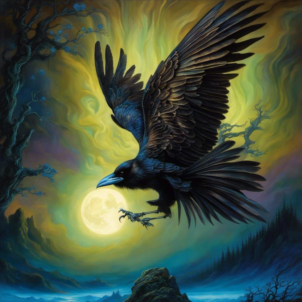 Bioluminescent Skeletal Crow in Starry Night