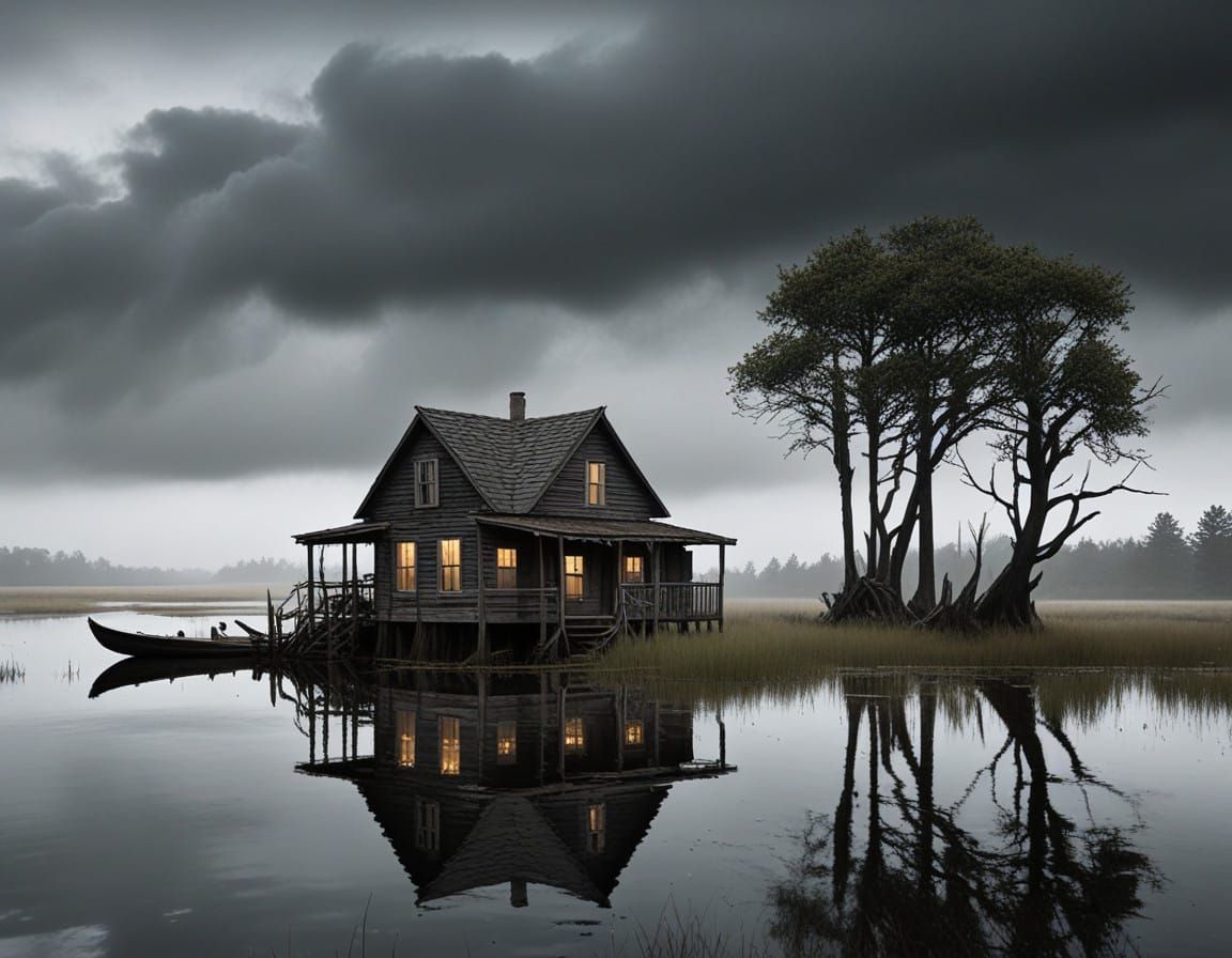 Rustic Cabin Emerges from Misty Marshlands