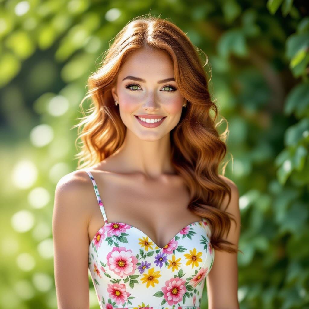 Elegant Woman in Floral Dress in Sunlit Garden