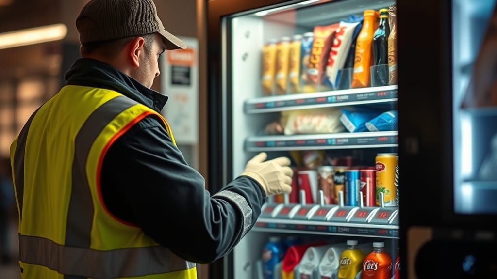 Vending Company Worker Restocks Machines with Coins and Snac...
