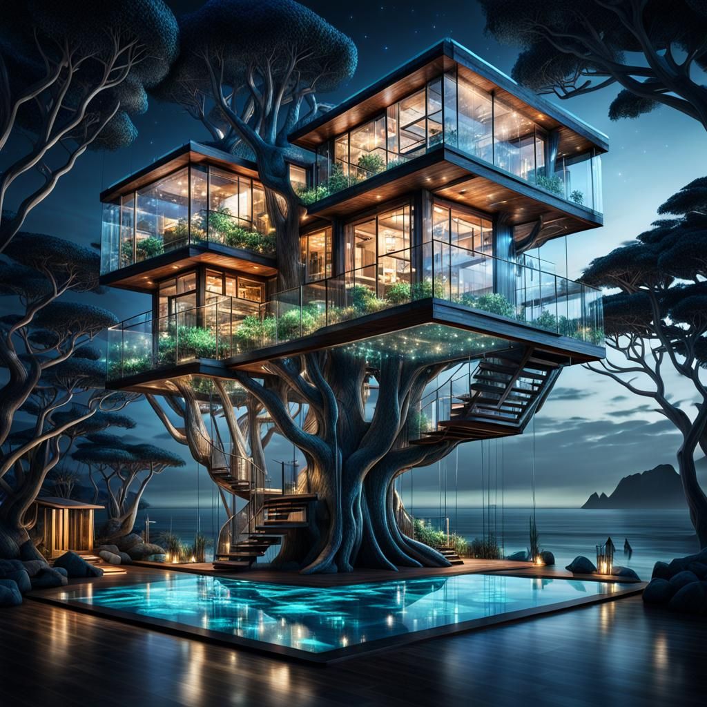 Translucent Modern Treehouse with LED Lighting
