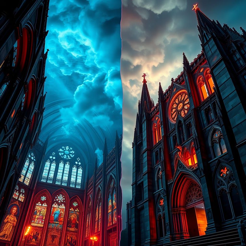 Gothic Cathedral Split View: Exterior Under Neon Sky, Interi...