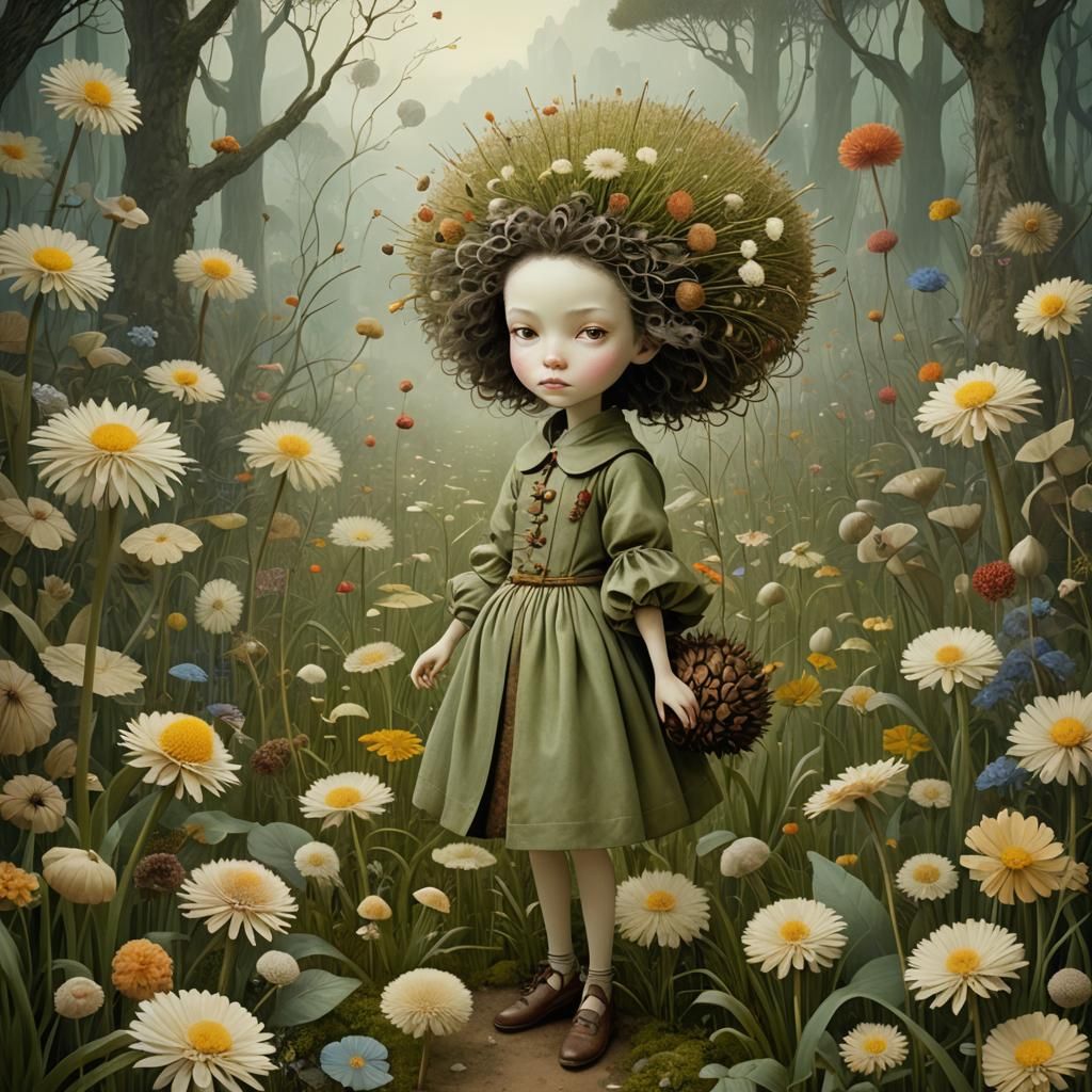 Miniature Girl's Journey in Surreal Garden Art