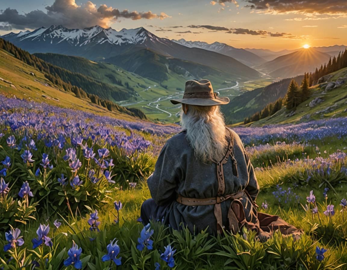 Shepherd Watches Sunset in Mountain Meadow