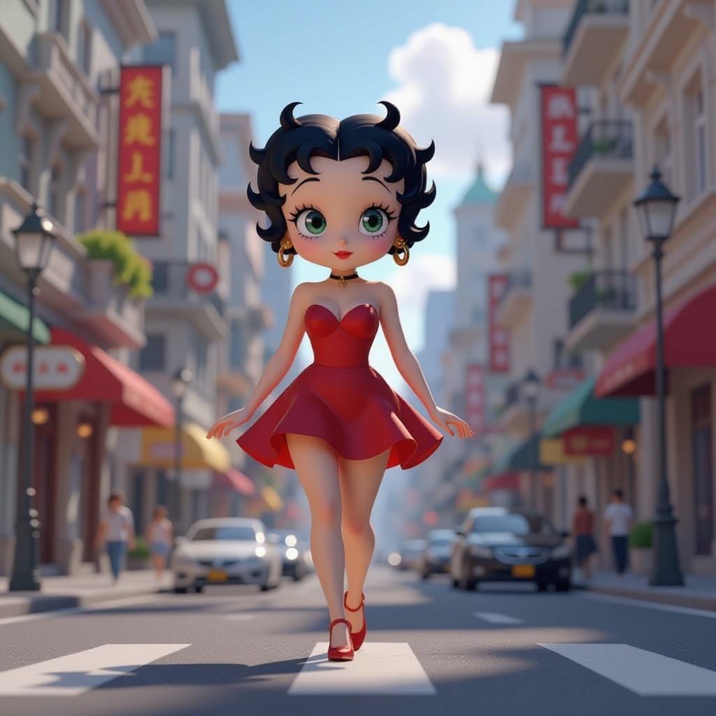 Betty Boop Strolls Vibrant City Street in 3D Anime Style