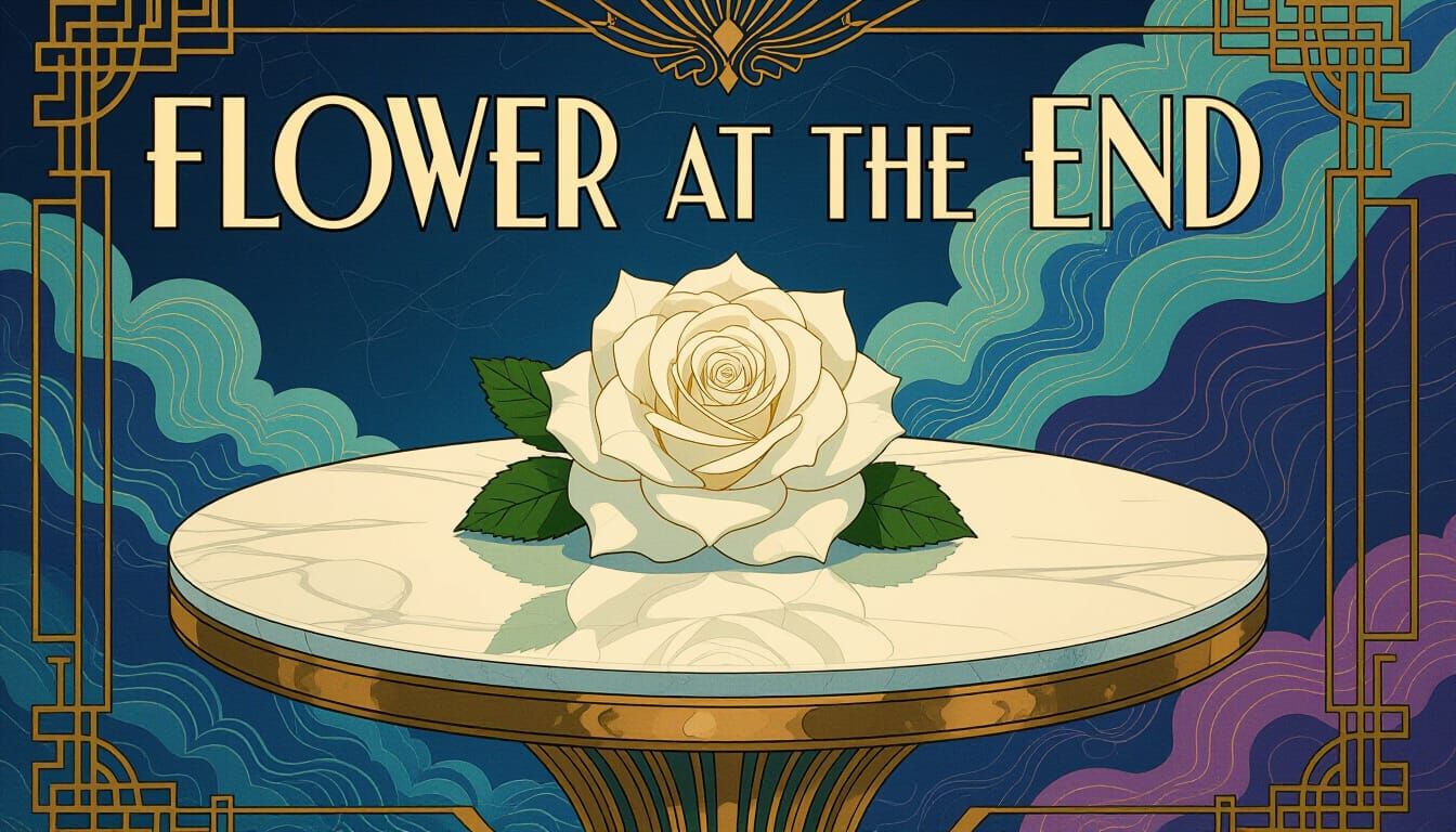 White Rose and Art Deco Text in Surreal Style